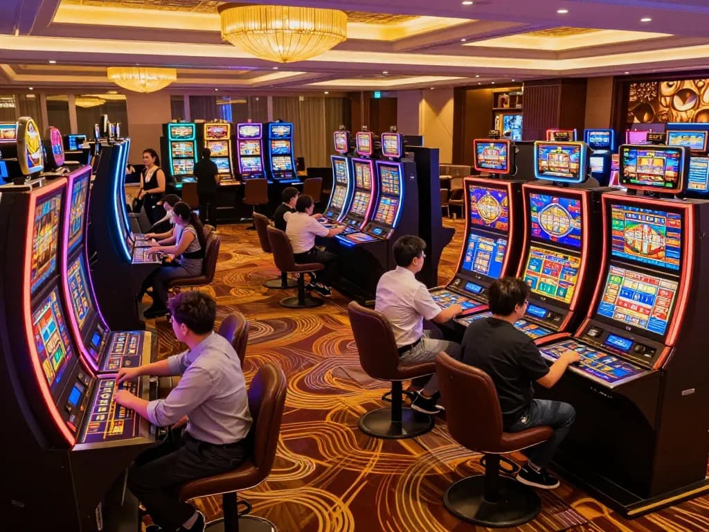 tr88 players enjoying dynamic slot machines in a spacious casino
