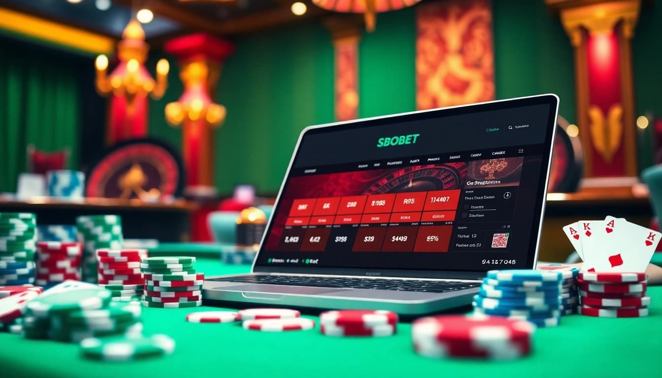 Experience the excitement of sbobet login with a vibrant casino scene featuring poker chips and cards.
