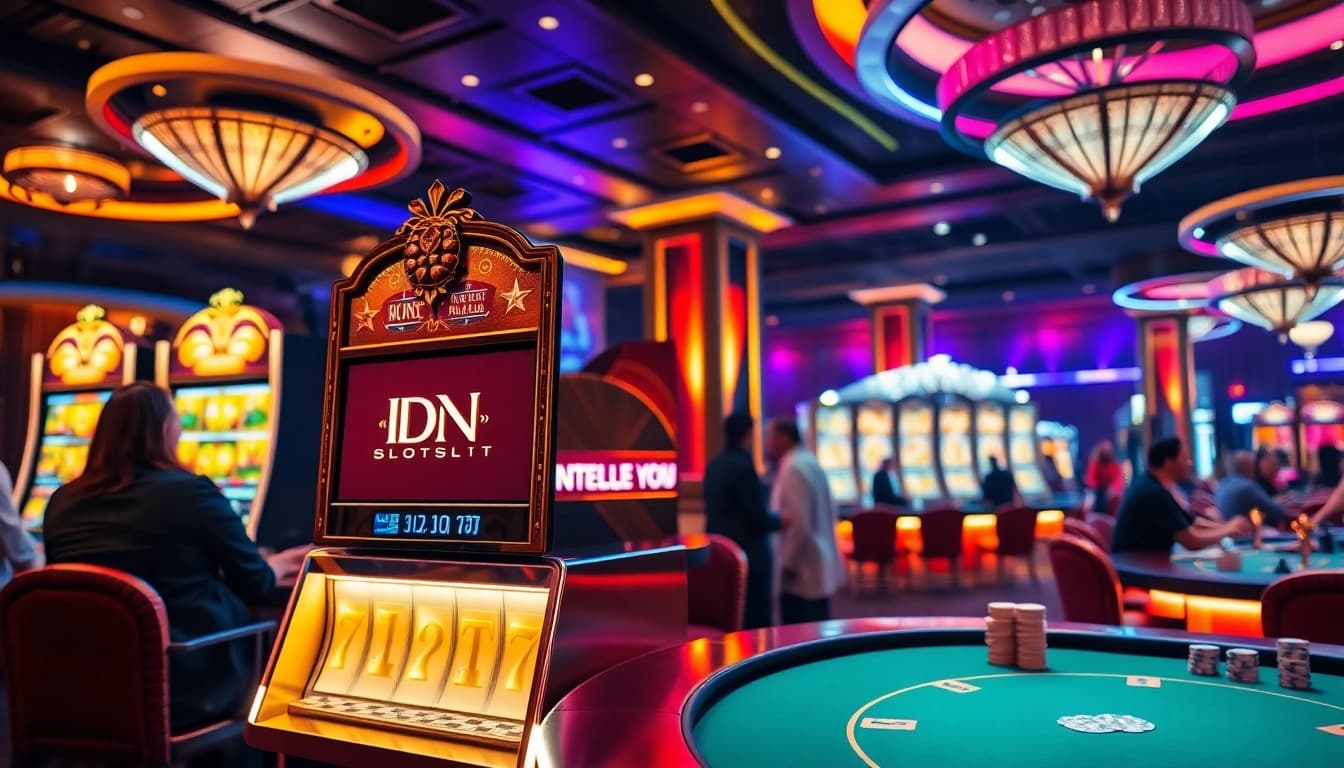 A captivating scene showcasing players engaging with the IDN slot machine in a vibrant casino, filled with excitement and luxury.
