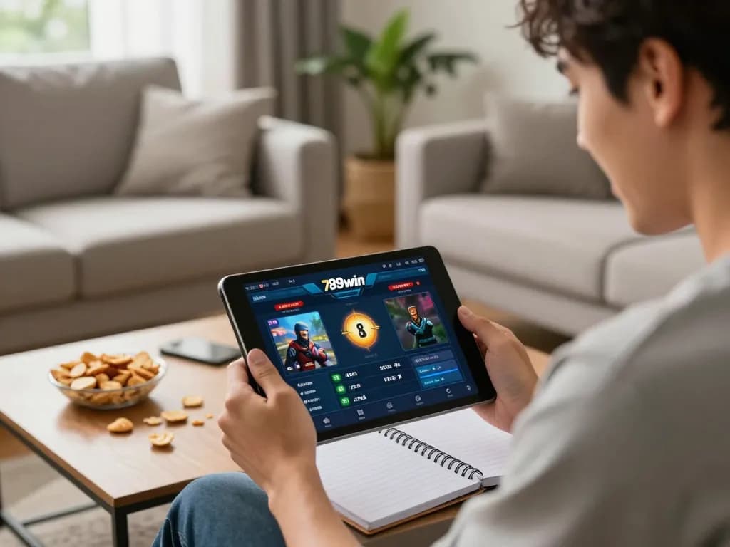 Excited player enjoying online betting at 789win on a tablet in a cozy home setting.