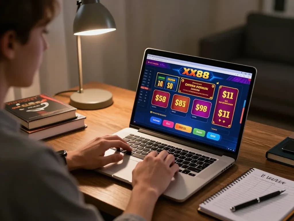 Engaged player exploring XX88 online gaming interface in a stylish home setting