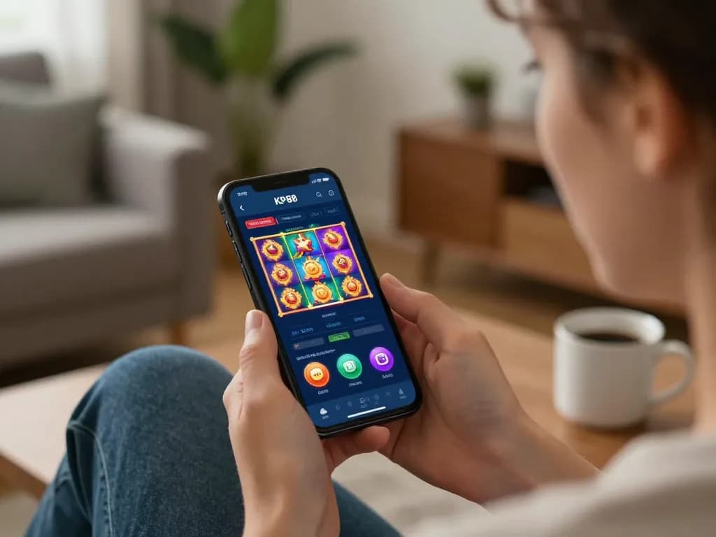 Gamer using the KP88 app on a smartphone, enjoying online slots in a cozy home setting.