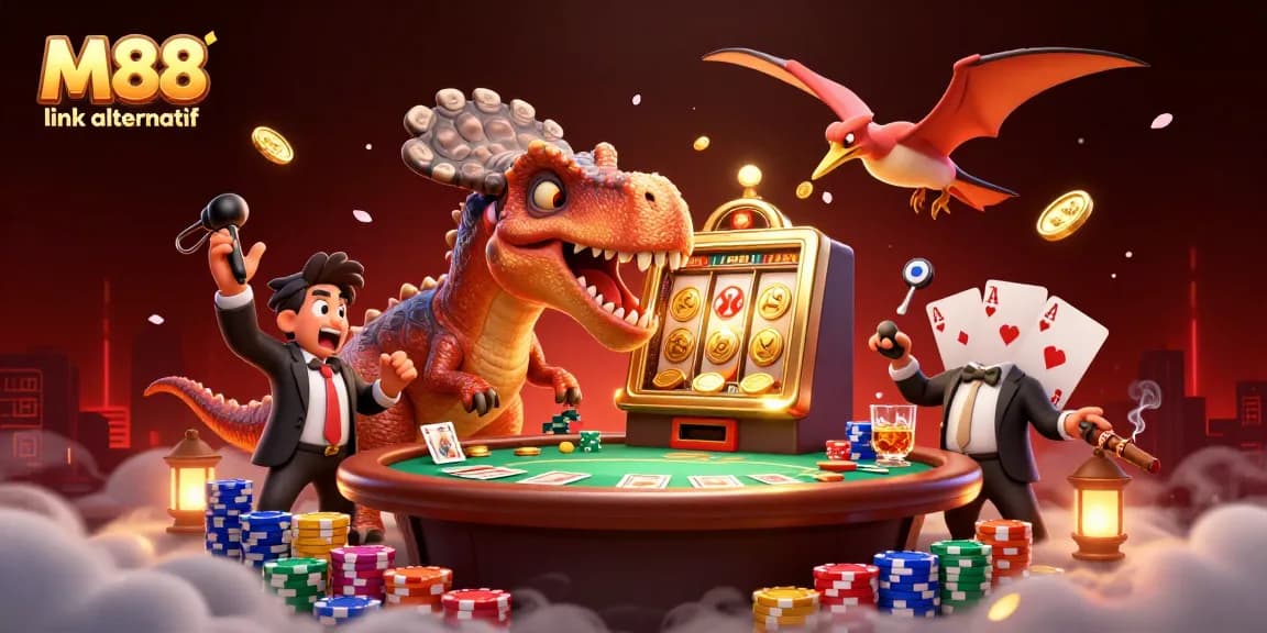 M88 link alternatif showcases a cartoon dinosaur hitting a slot machine amid flying coins, illustrating an engaging casino scene.