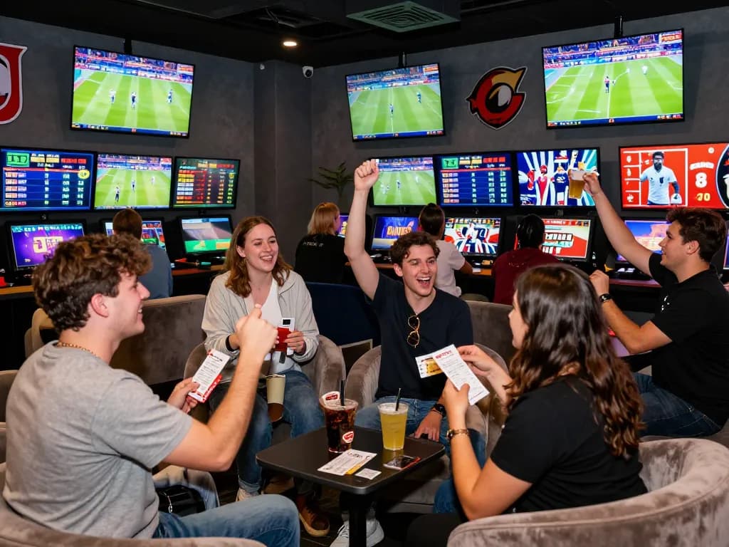 Exciting gambling scene at https://rr99.it.com/ with fans cheering for sports events in a modern lounge.