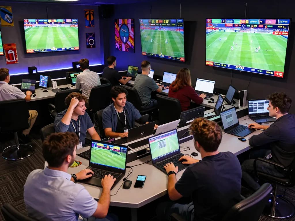 Engaged bettors analyzing kèo nhà cái 5 in a lively sports betting lounge with multiple screens.