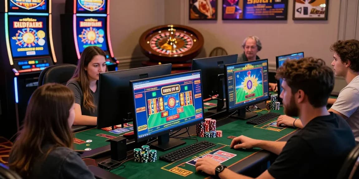 Players enjoying games at credit card casinos with colorful screens and casino elements in a cozy atmosphere.