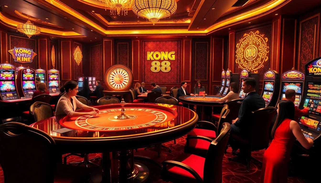 Experience thrilling gameplay at KONG 88 with vibrant casino tables, roulette wheel, and slot machines.