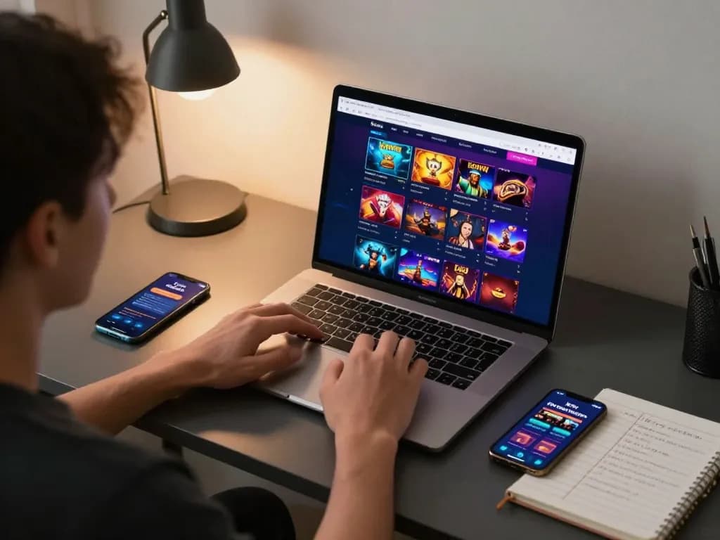 Player engaging with the Kuwin online casino on laptop, showcasing gaming strategies and a cozy atmosphere