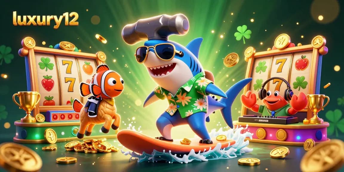 Permainan slot luxury12 dengan hiu kartun dan kuda laut di panggung koral.