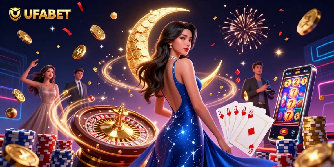 Play captivating games at UFABET with cascading coins and vibrant casino elements, showcasing excitement.