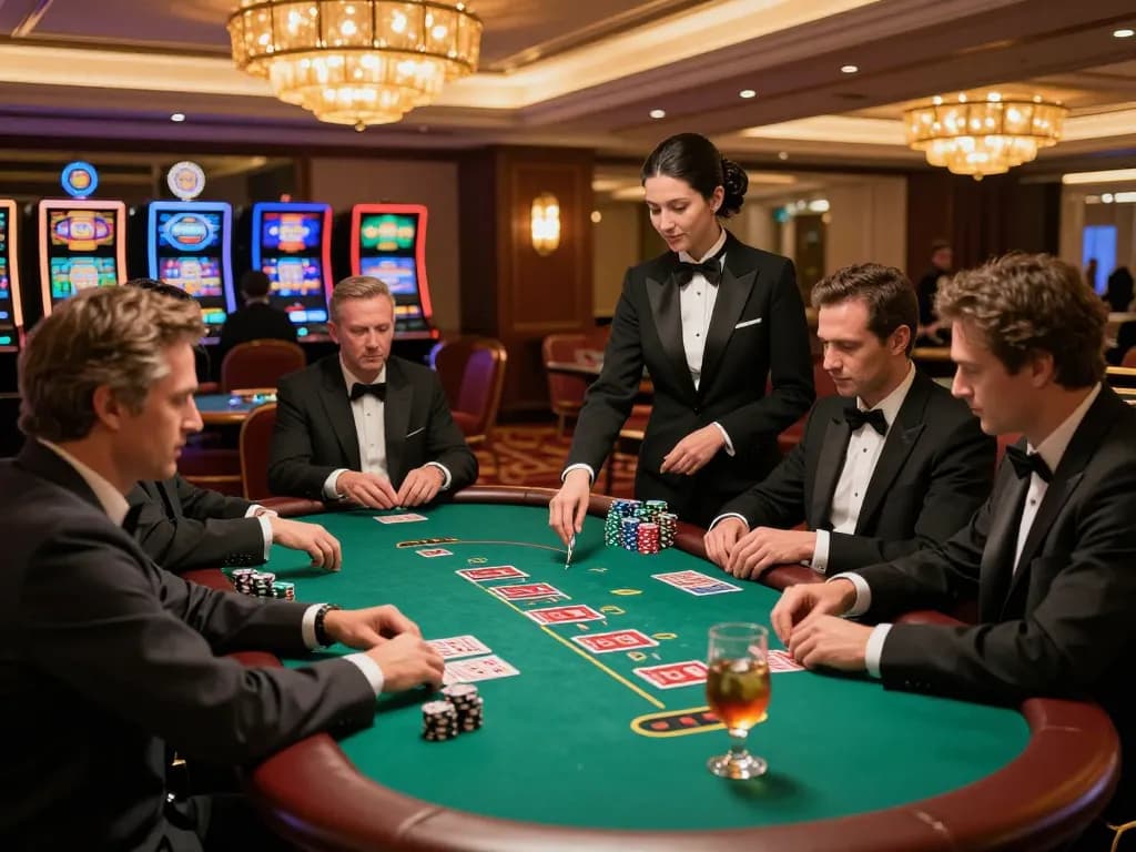 Kong88 players enjoying a thrilling blackjack game with lively dealer in an upscale casino setting
