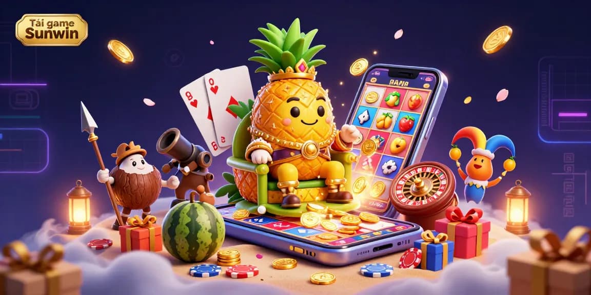 Tải game Sunwin with interactive slots and vibrant gaming elements on an engaging beach casino scene.