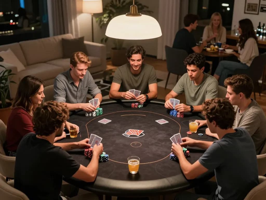 Players enjoying a poker night at home, strategically engaging with 789F in a lively atmosphere.