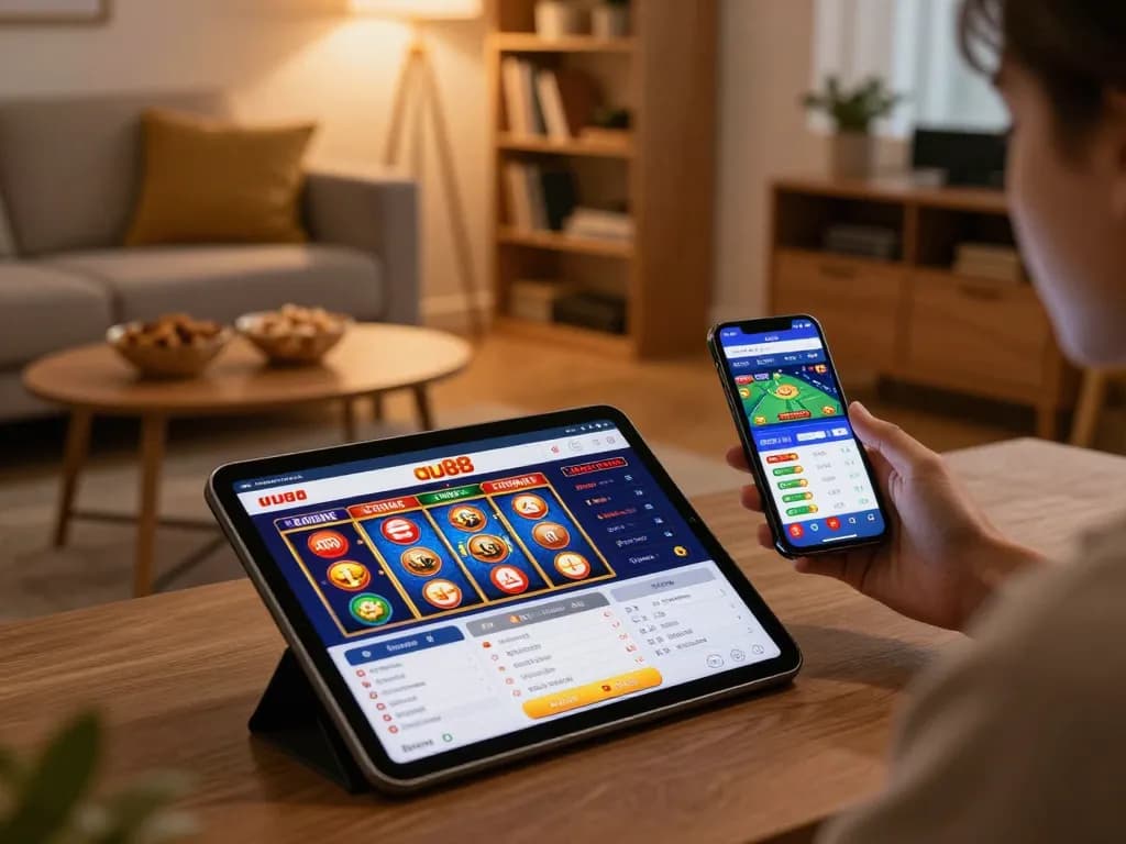 Engaged player navigating au88 casino on tablet, showcasing responsible gaming in a cozy home.