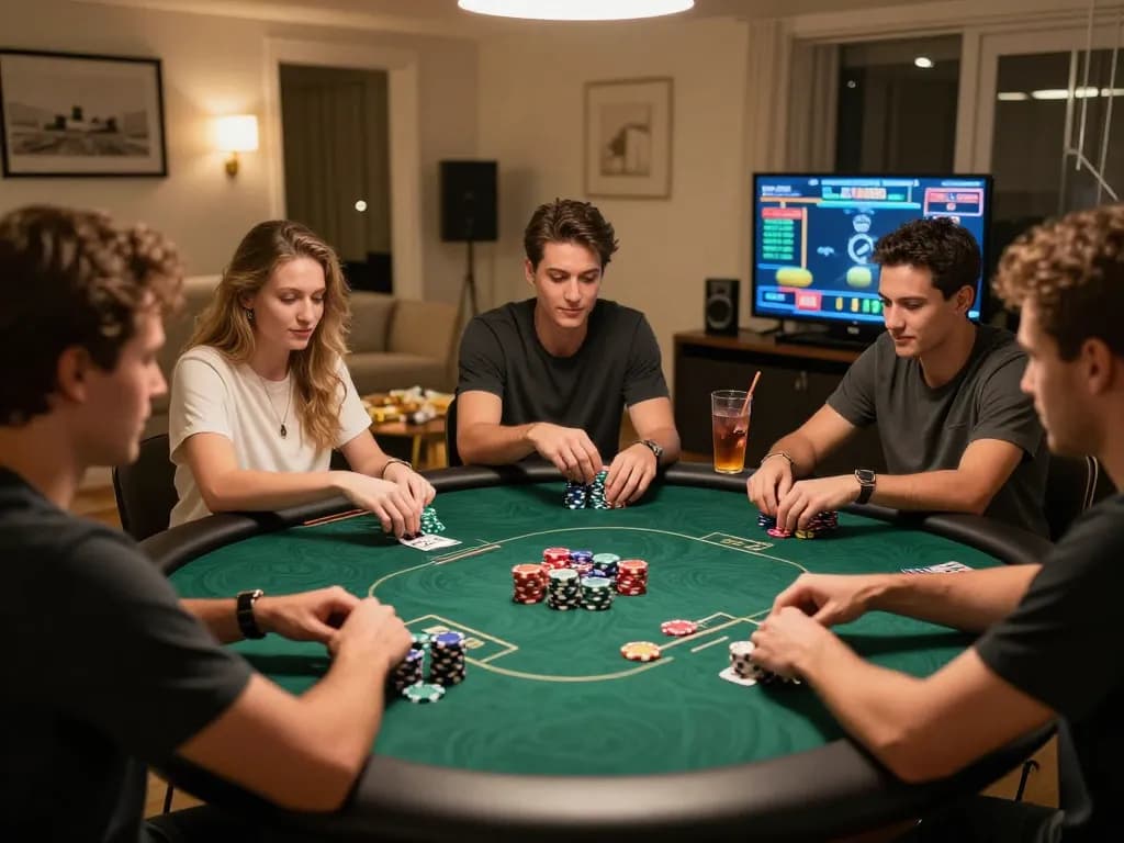 VSBET players enjoying a thrilling poker game at home with chips and drinks.