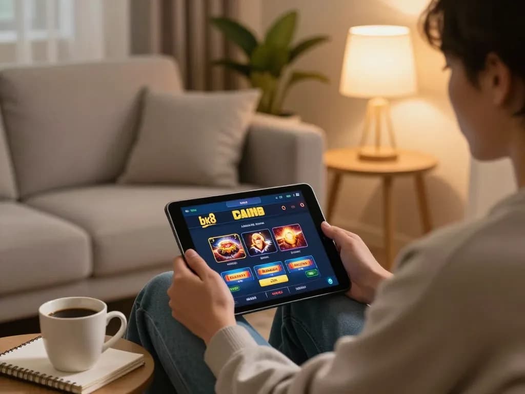Player enjoying bk8 online casino on tablet with relaxing home atmosphere