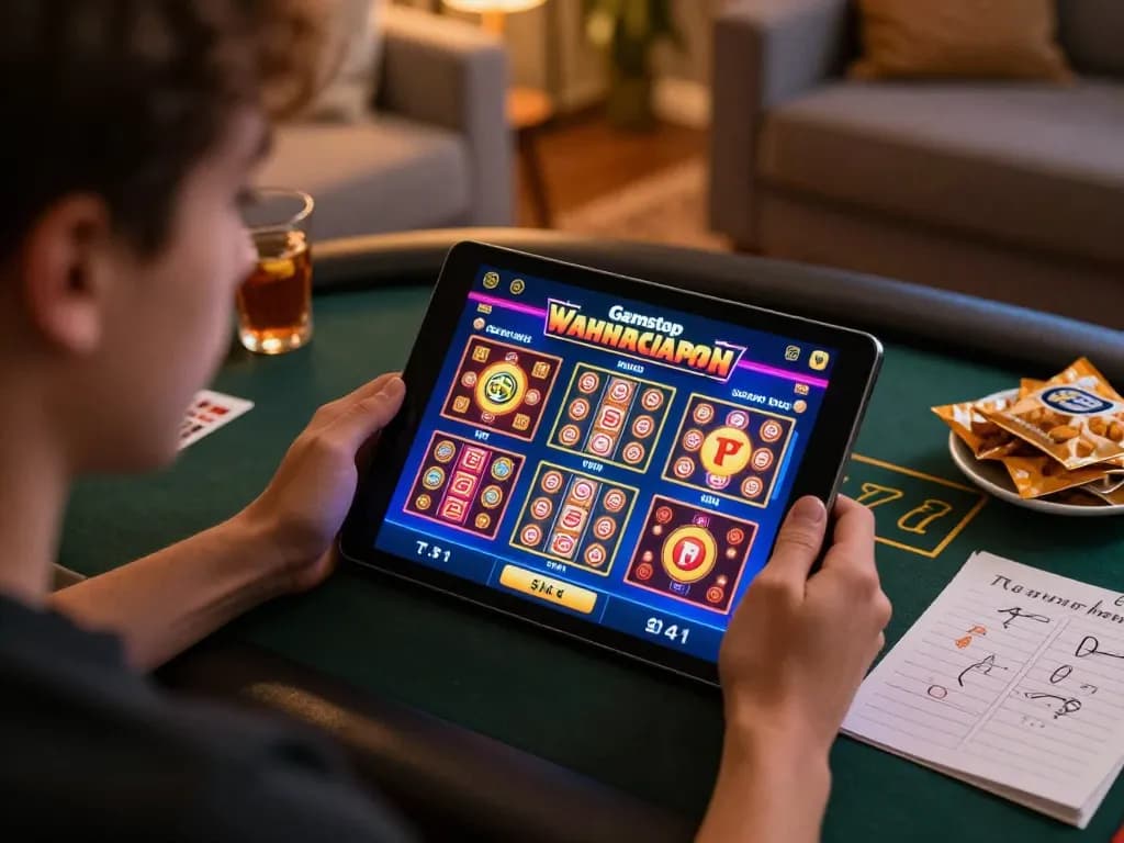 Engaging gameplay on non Gamstop casinos with a vibrant tablet display and cozy home setting.