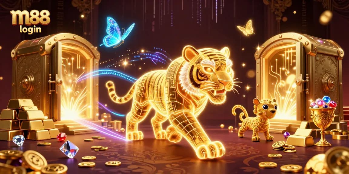 Experience m88 login with a vibrant digital casino scene showcasing a glowing tiger and treasures.