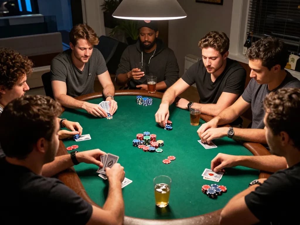 Engaging poker game with friends at home, emphasizing strategic play on Fokus777.