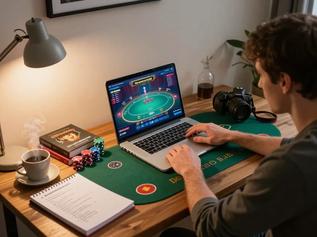88xx online poker gameplay at home with strategic notes and cozy atmosphere