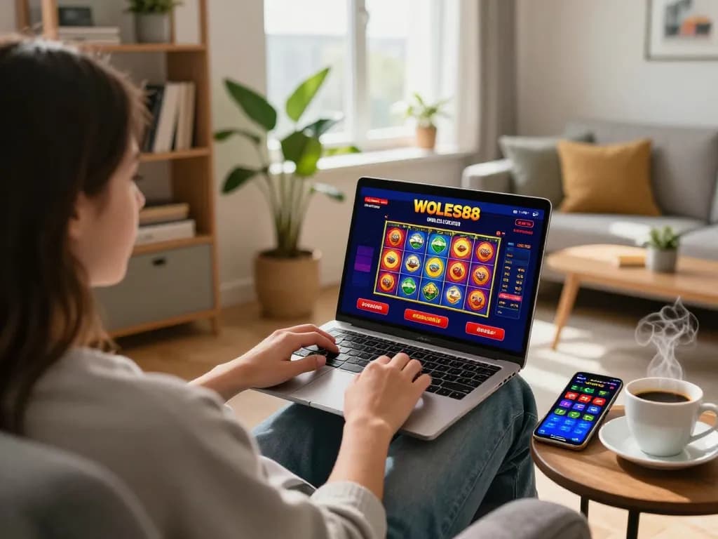 Pengalaman gaming online yang menarik dengan WOLES88 ditampilkan di laptop dalam suasana rumah yang nyaman.