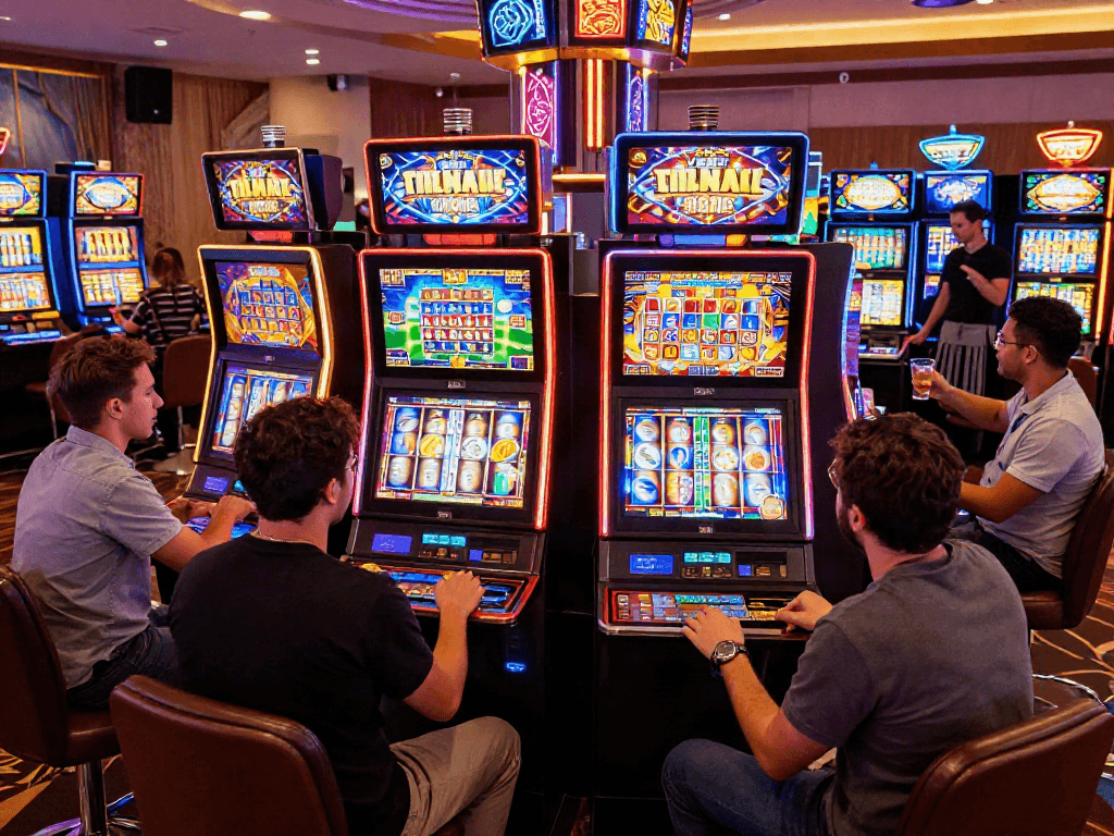 Players engaged with vibrant slot machines in a lively casino atmosphere, highlighting the excitement of gaming.