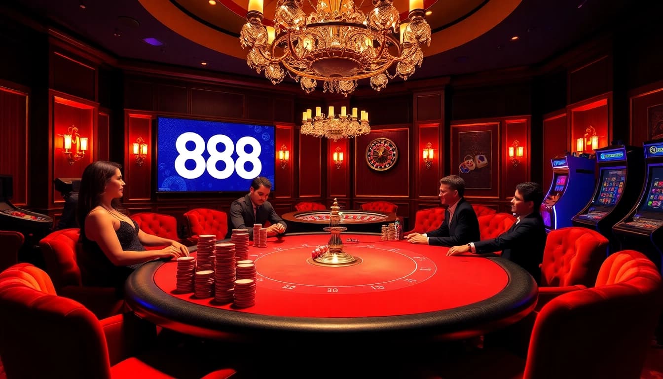 The excitement of high-stakes gambling at dn 888 poker table, featuring elegant players and vibrant chips.