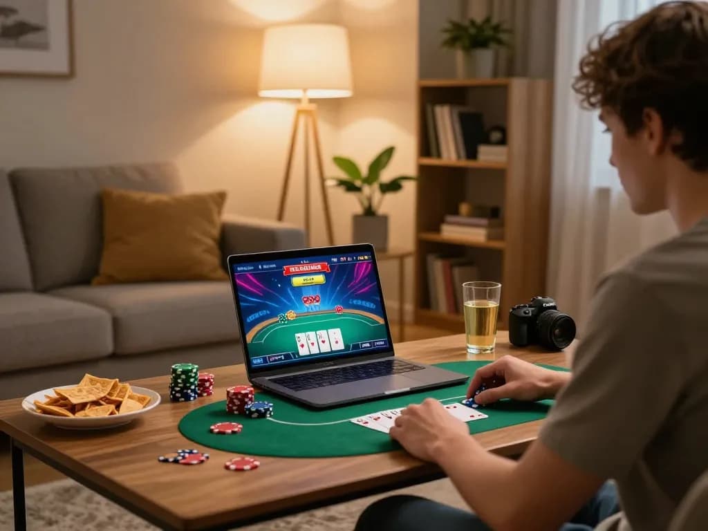 Playing rr88bet online poker from home with chips and cards visible, relaxed atmosphere.