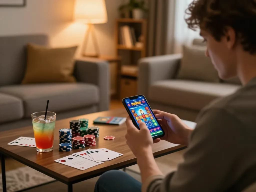 Taking action on taixiumd5 mobile casino app, surrounded by strategic notes and chips in a cozy setting.