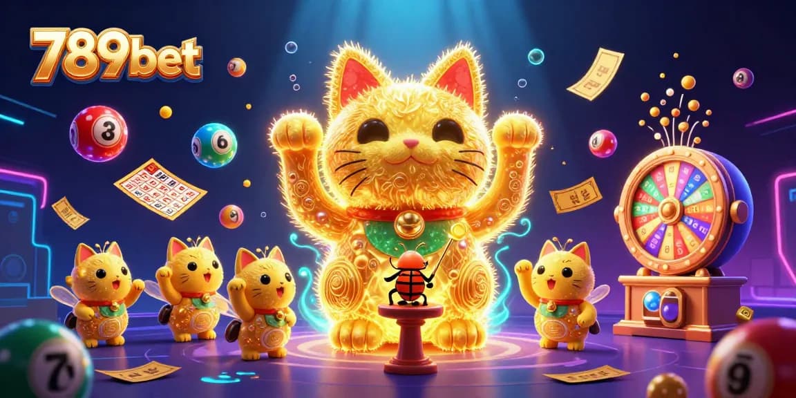 Experience the vibrant energy of 789bet with a lucky cat and dynamic lottery elements in a colorful casino scene.