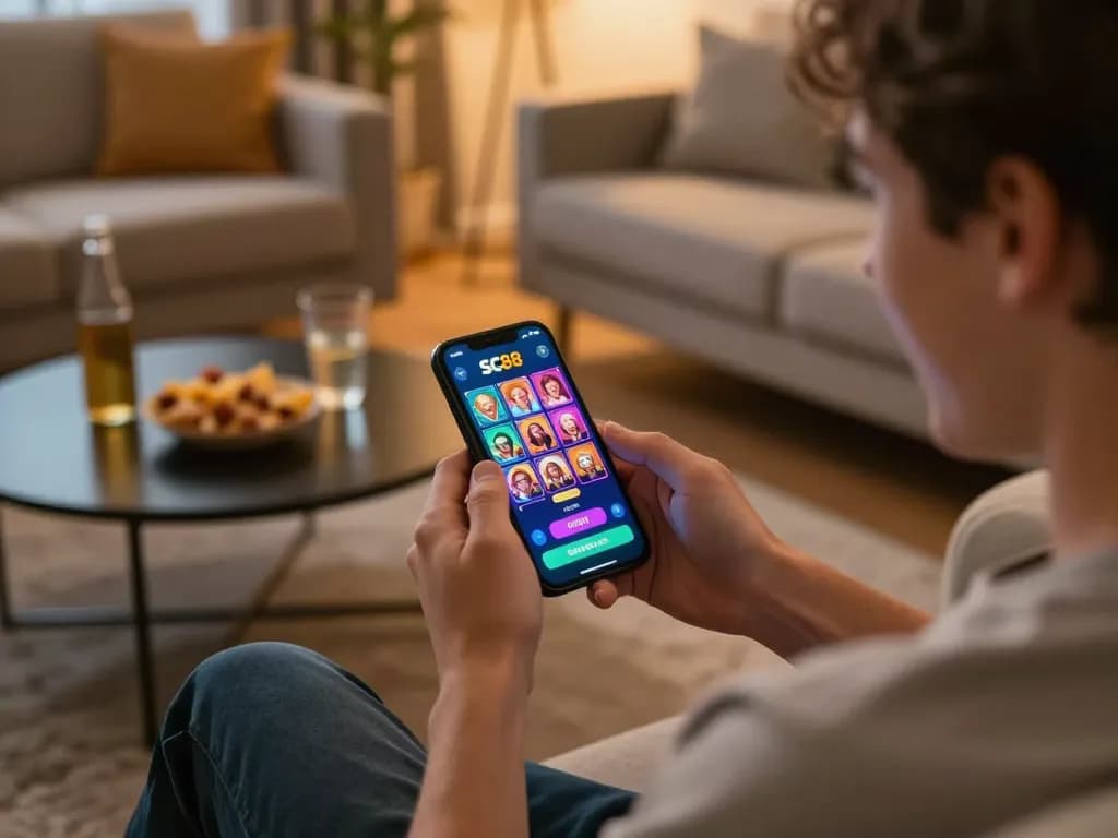 Player enjoying online gaming with SC88 app on smartphone, vibrant home atmosphere