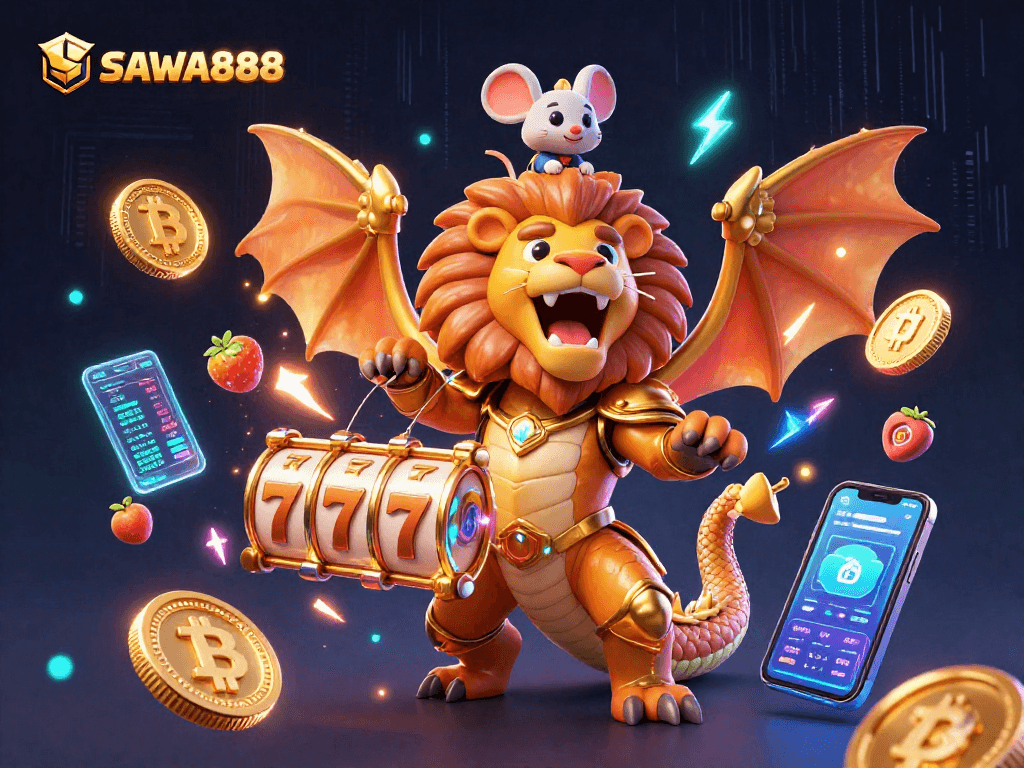 SAWA888 features a triumphant golden chimera amidst vibrant slot reels and neon crypto elements.