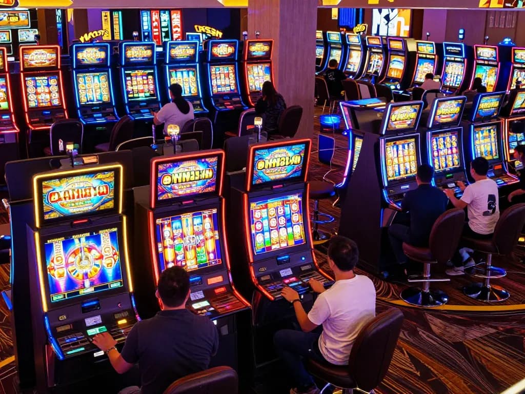 Rasakan kegembiraan di hoki288 dengan pemain yang berinteraksi di mesin slot berwarna-warni dalam suasana kasino yang meriah
