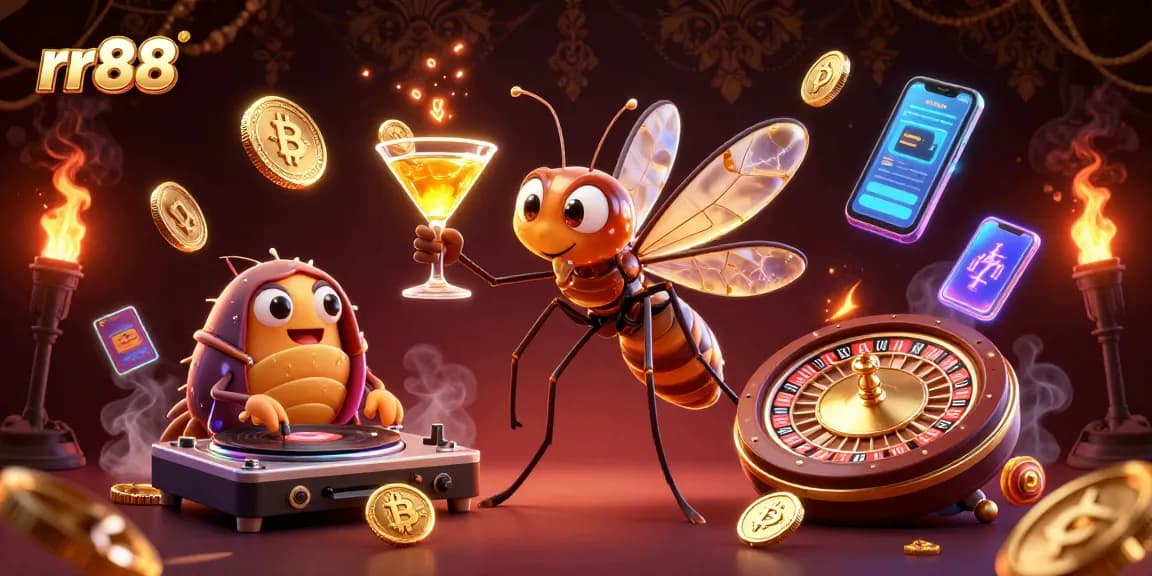 Win with rr88 at a vibrant casino scene featuring a lively mascot and golden elements.
