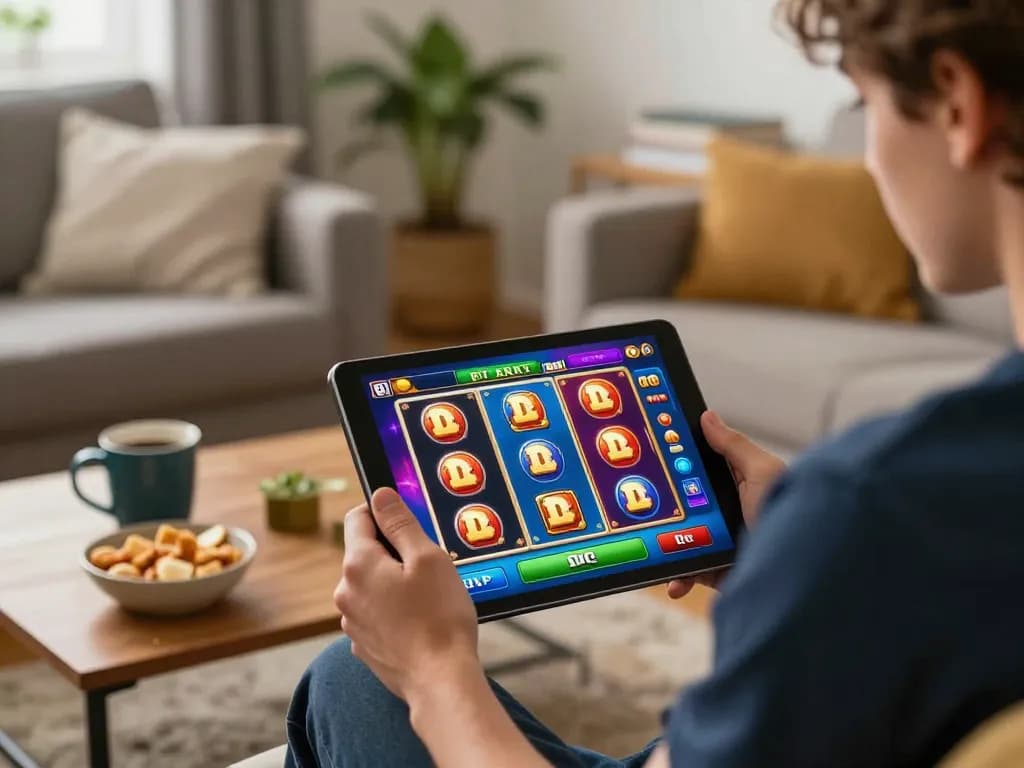 Pemain Bintangmpo merayakan kemenangan sambil bermain slot online di lingkungan rumah yang nyaman