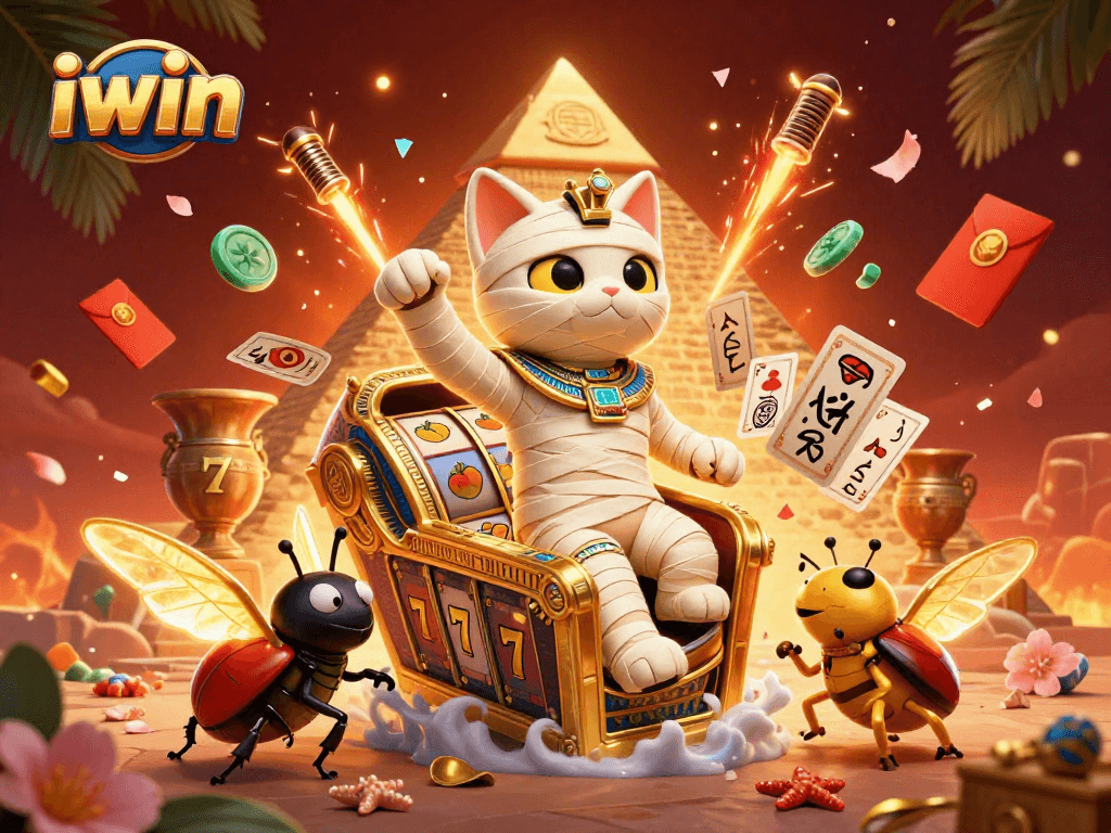 iwin engages players with a vibrant casino scene featuring Egyptian mummy cat and golden elements.