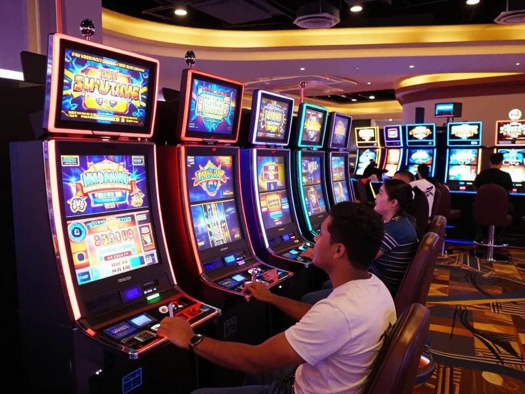 Players enjoying slot gacor hari ini in an exciting casino with colorful machines and lively atmosphere