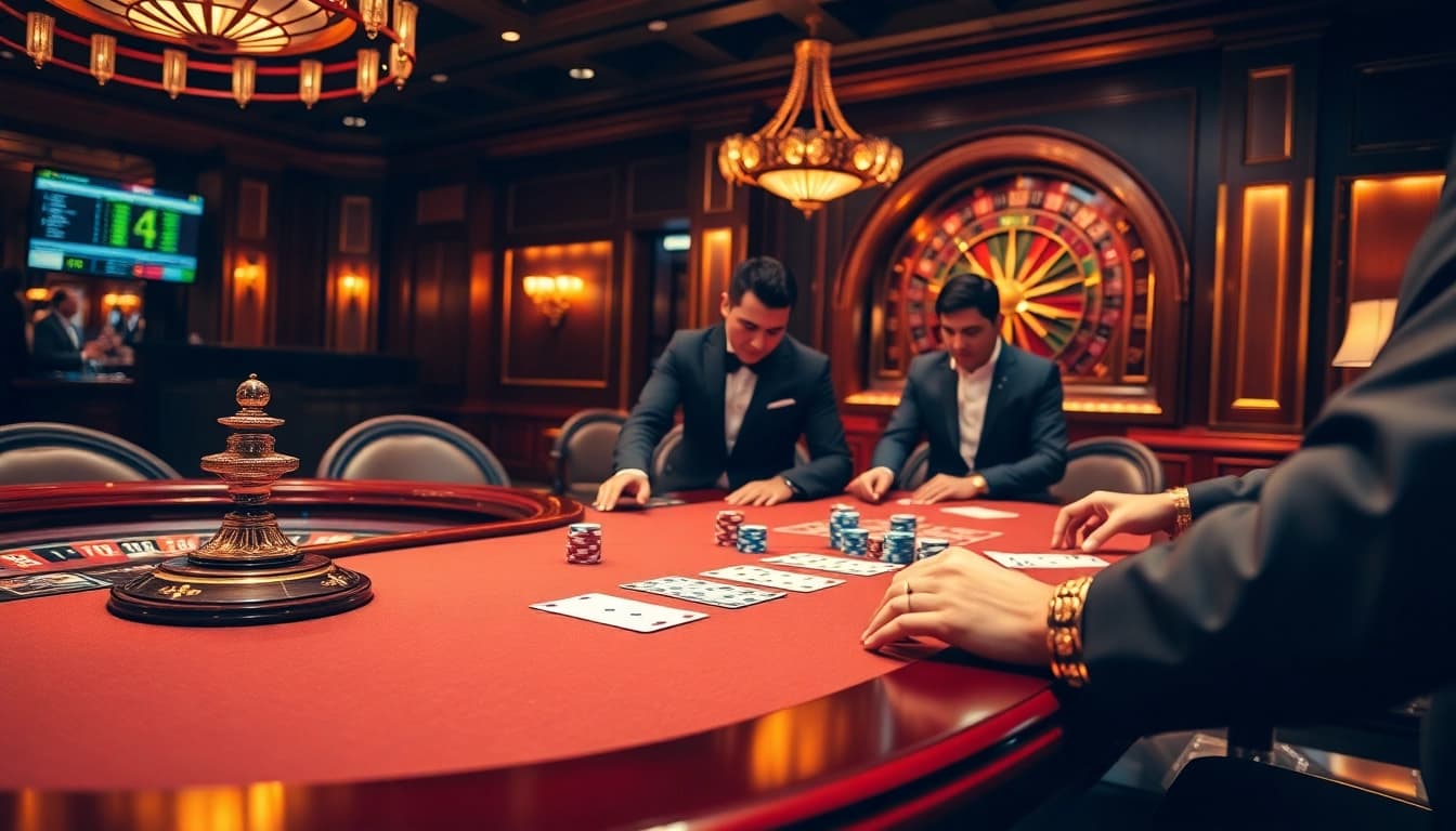 Experience the luxury of 789bet vip with players enjoying high-stakes poker and roulette in a vibrant casino atmosphere.