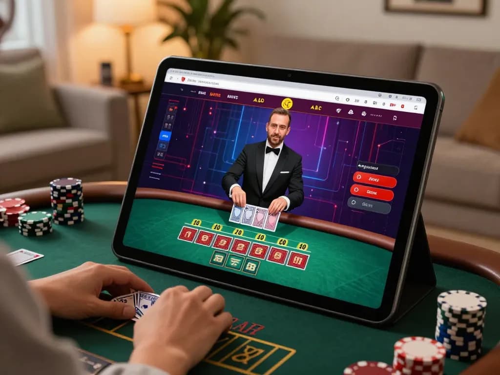Kp88 players engaging in a live dealer blackjack game on a tablet at home, showcasing dynamic gameplay.