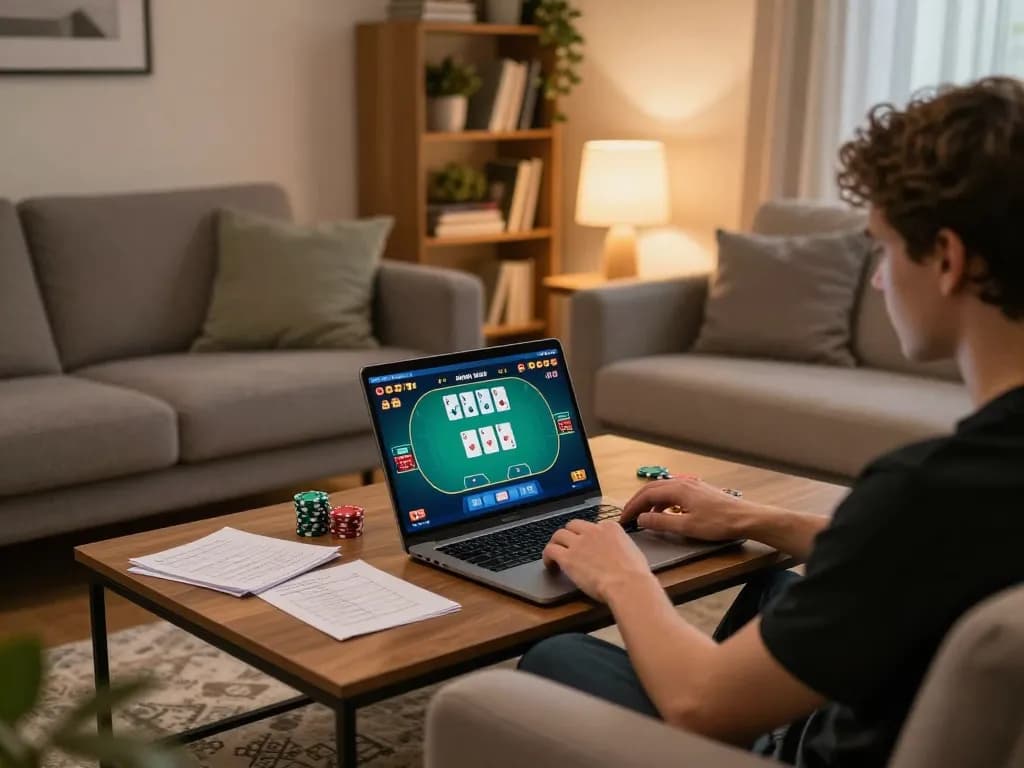 Engaging scene of online gambling at https://rr88.navy/ with poker game on laptop, warm home atmosphere