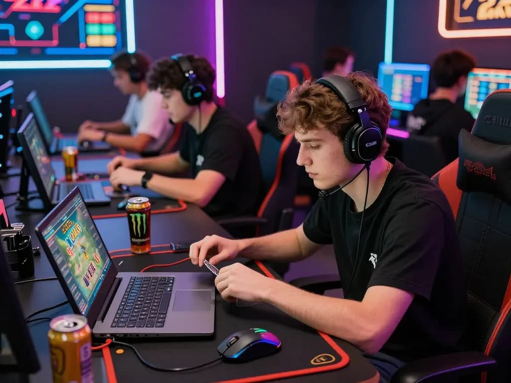 Engaged player strategizing in an online betting environment at Nhà Cái Kuwin, surrounded by gaming gear and vibrant decor.