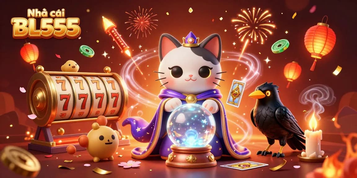 Engage with thrilling gameplay at Nhà cái BL555 featuring exciting slot elements, a mystical cat, and captivating visual effects.