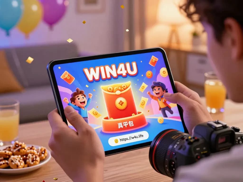 Player celebrating bonuses on the WIN4U app at home on https://w4u.life/, showcasing excitement and Ang Pao rewards.