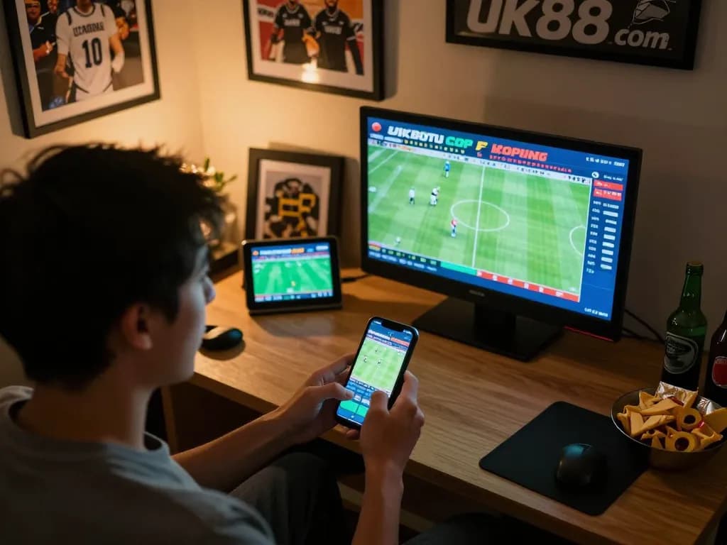 Placing bets on uk88 com during a thrilling sports event at home.