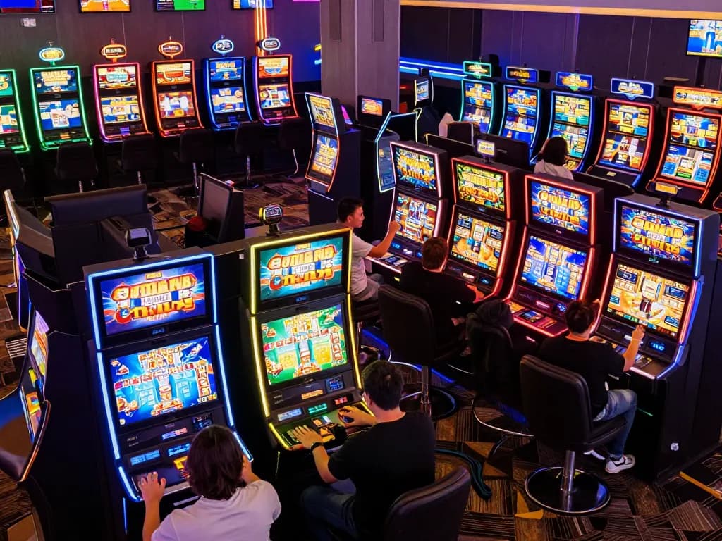 Players celebrating wins at slot depo 5k gaming machines in a vibrant casino atmosphere.