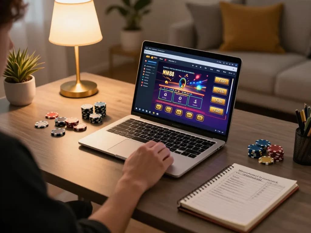 MM88 player engaging in online casino gaming at home, showcasing a cozy setup.