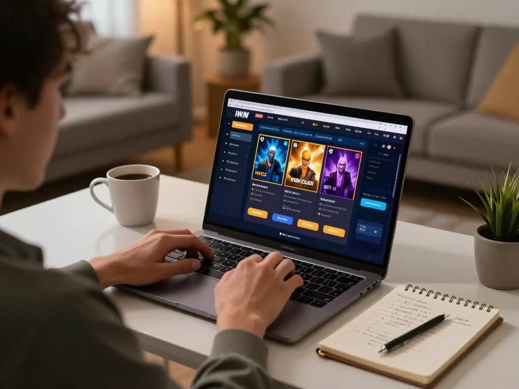 IWIN CLUB user engaging in online casino gameplay on a laptop with betting notes in a cozy setting.
