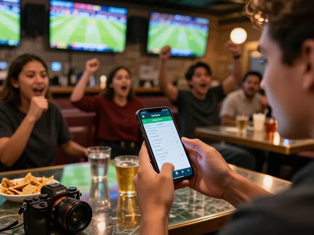 Engaging with the Jeetbuzz App for live sports betting in a lively bar setting.