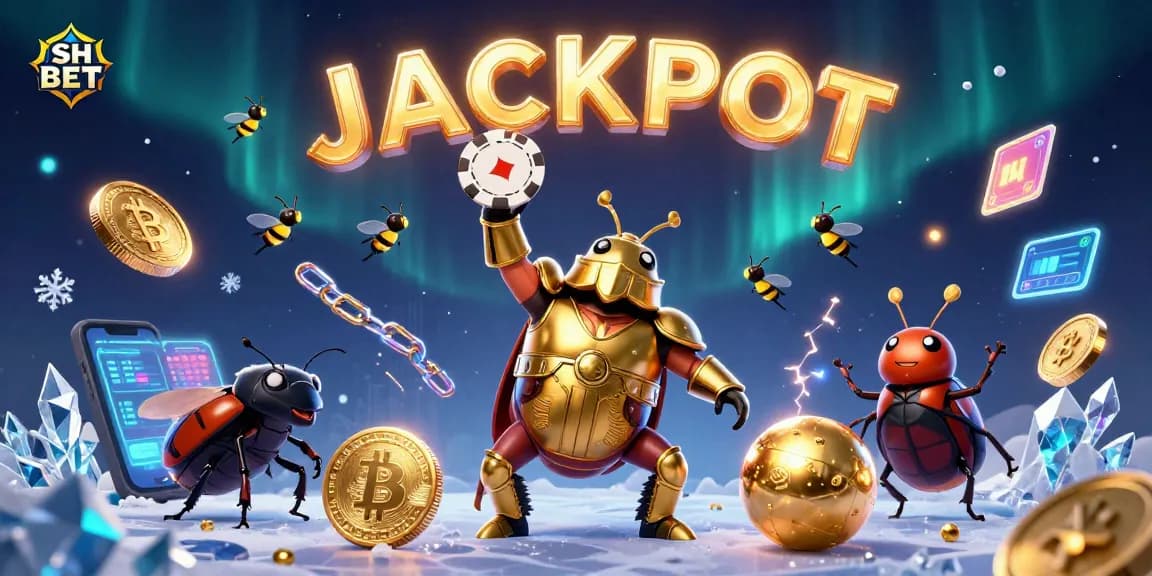 Experience the thrill of SH BET with a vibrant 3D illustration depicting a victorious beetle and gaming elements.