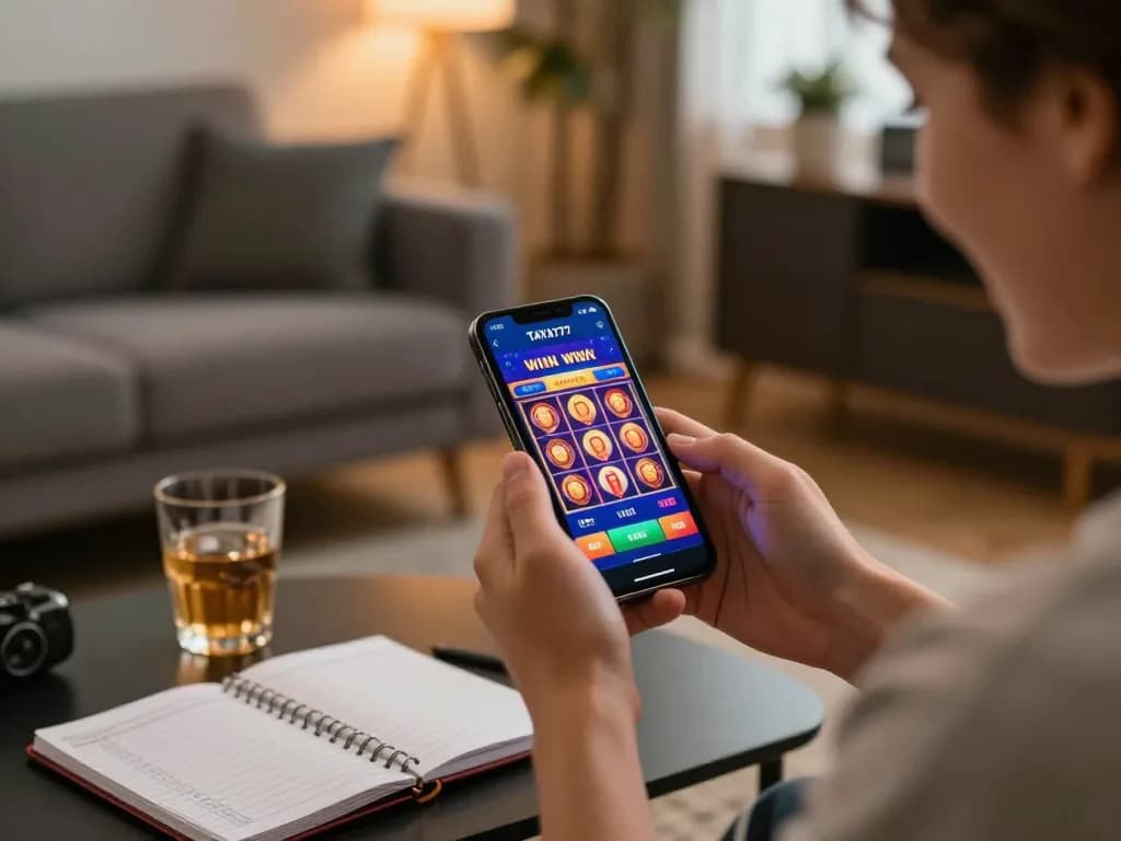 TAYA777 app user celebrating a win while enjoying home gaming with colorful slot graphics on smartphone.